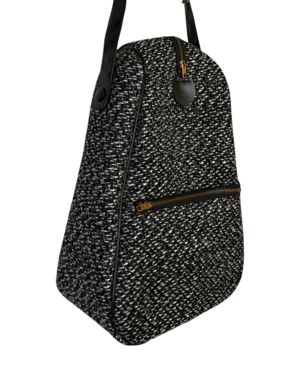 Gray Black White Tweed Crossbody Bag Gold Zippers Adjustable Strap - Picture 2 of 8